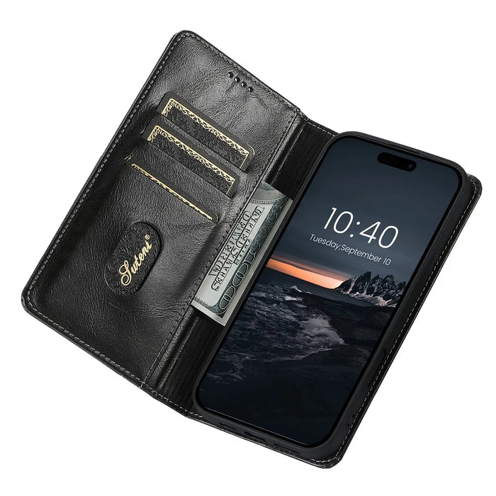 SUTENI For iPhone 16 Pro Case PU Leather Stand Wallet Phone Cover - Black - 2