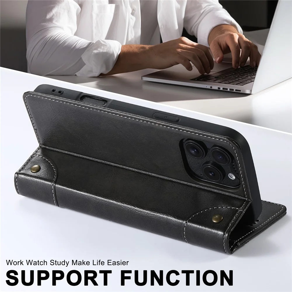 SUTENI For iPhone 16 Pro Case PU Leather Stand Wallet Phone Cover - Black - 4