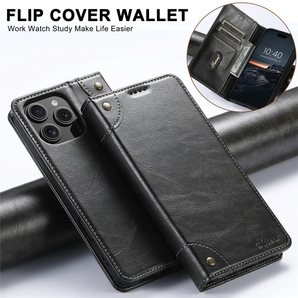 SUTENI For iPhone 16 Pro Case PU Leather Stand Wallet Phone Cover - Black - 5