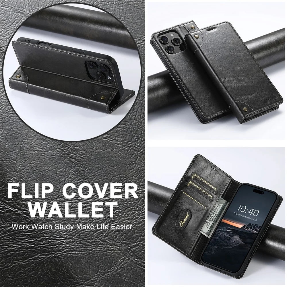 SUTENI For iPhone 16 Pro Case PU Leather Stand Wallet Phone Cover - Black - 6