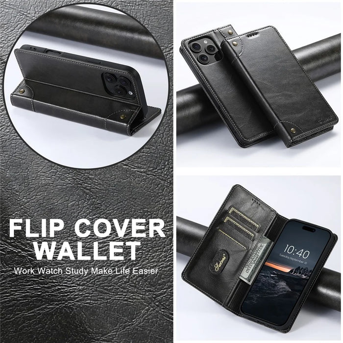 SUTENI For iPhone 16 Pro Case PU Leather Stand Wallet Phone Cover - Black - 6