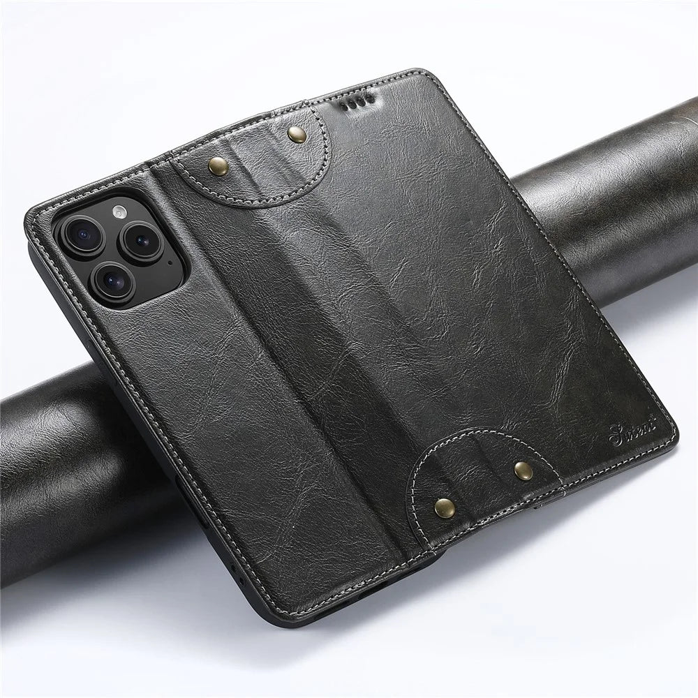SUTENI For iPhone 16 Pro Case PU Leather Stand Wallet Phone Cover - Black - 7