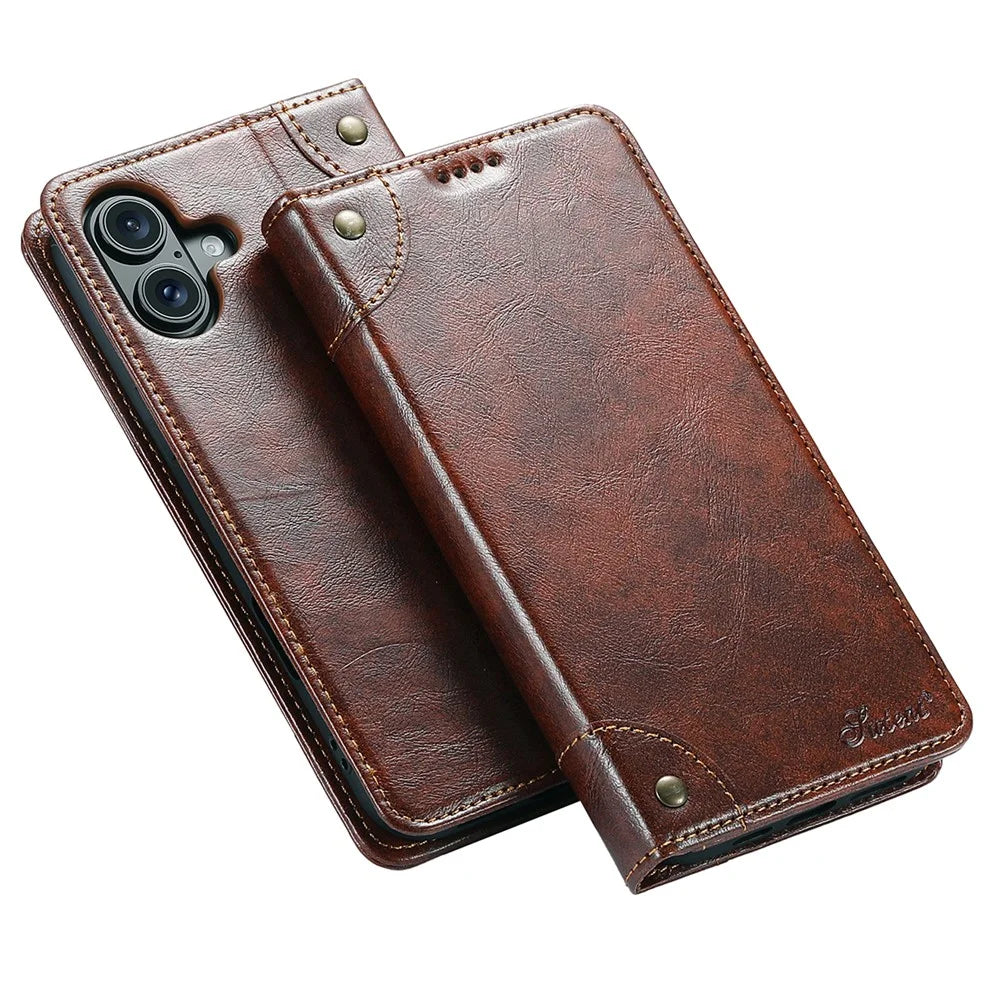 SUTENI For iPhone 16 Plus Case PU Leather Stand Wallet Phone Cover - Khaki - 1