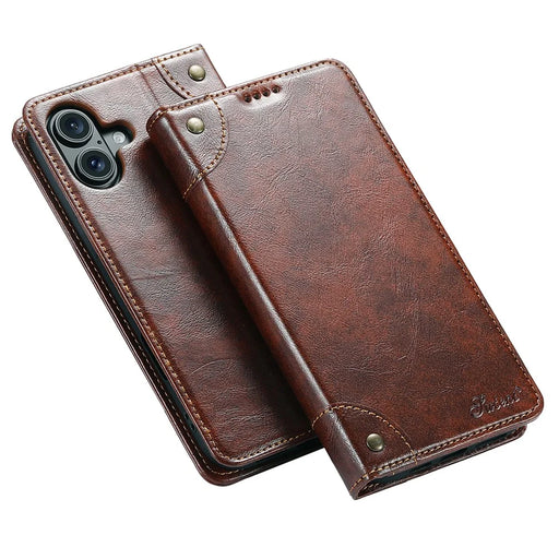 SUTENI For iPhone 16 Plus Case PU Leather Stand Wallet Phone Cover - Khaki - 1