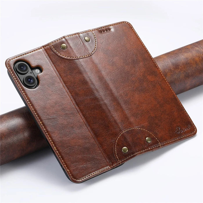SUTENI For iPhone 16 Plus Case PU Leather Stand Wallet Phone Cover - Khaki - 4