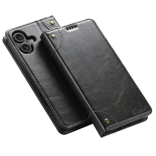 SUTENI For iPhone 16 Case PU Leather Stand Wallet Phone Cover - Black - 1