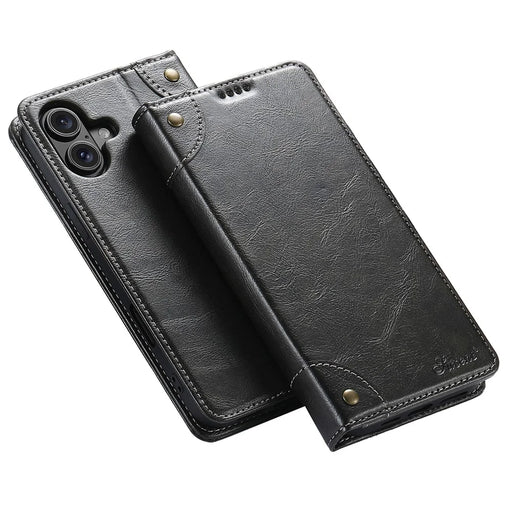 SUTENI For iPhone 16 Case PU Leather Stand Wallet Phone Cover - Black - 1