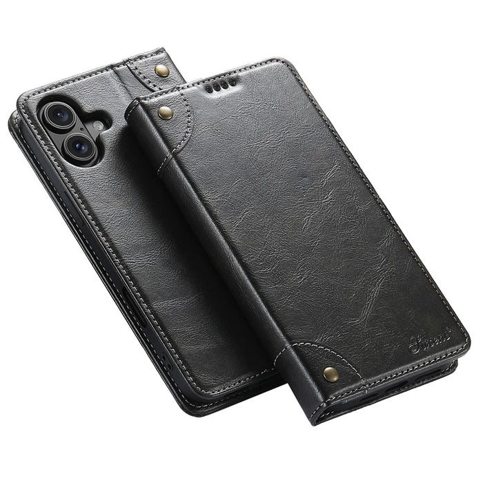 SUTENI For iPhone 16 Case PU Leather Stand Wallet Phone Cover - Black - 1