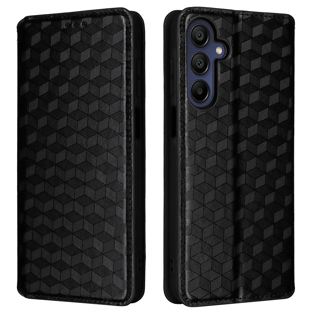 For Samsung Galaxy A16 5G / A16 4G Wallet Case Rhombus Imprinted Leather Phone Cover - Black - 1