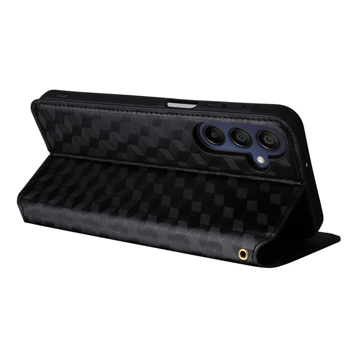 For Samsung Galaxy A16 5G / A16 4G Wallet Case Rhombus Imprinted Leather Phone Cover - Black - 5