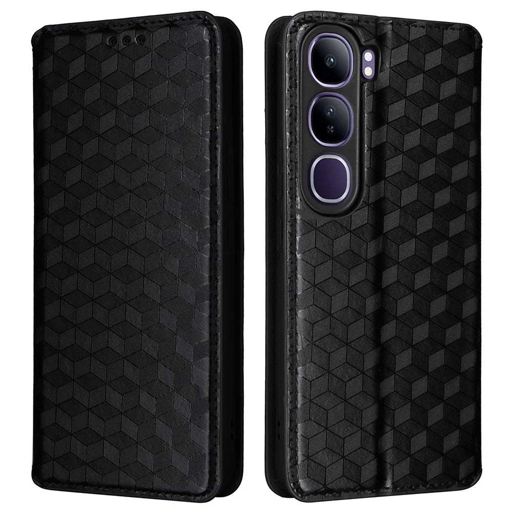 For vivo V40 Lite (Indonesia) 4G / 5G Wallet Case Rhombus Imprinted Leather Phone Cover - Black - 1
