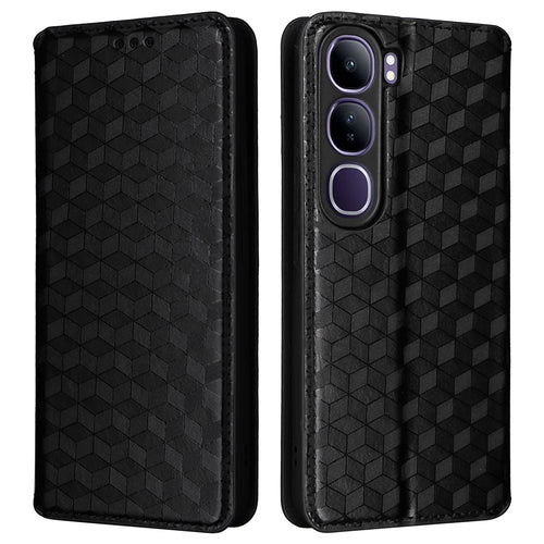 For vivo V40 Lite (Indonesia) 4G / 5G Wallet Case Rhombus Imprinted Leather Phone Cover - Black - 1