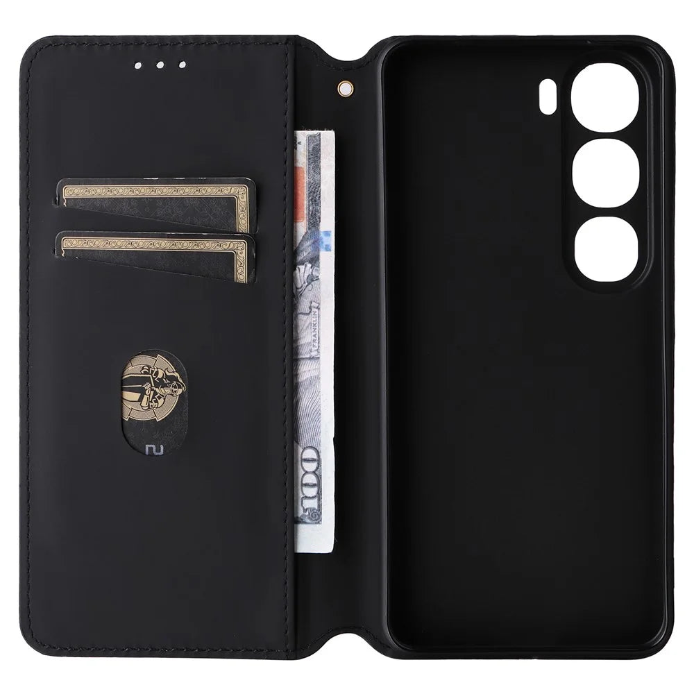 For vivo V40 Lite (Indonesia) 4G / 5G Wallet Case Rhombus Imprinted Leather Phone Cover - Black - 3