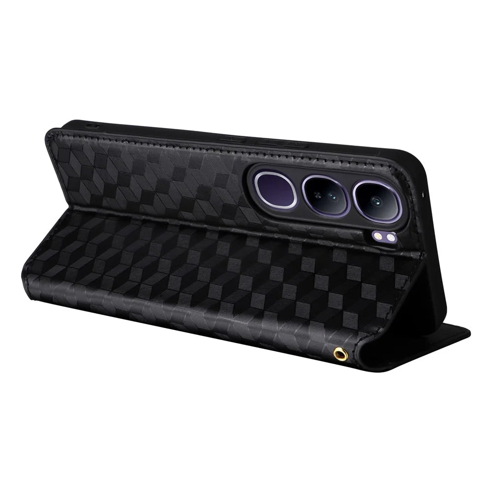 For vivo V40 Lite (Indonesia) 4G / 5G Wallet Case Rhombus Imprinted Leather Phone Cover - Black - 5