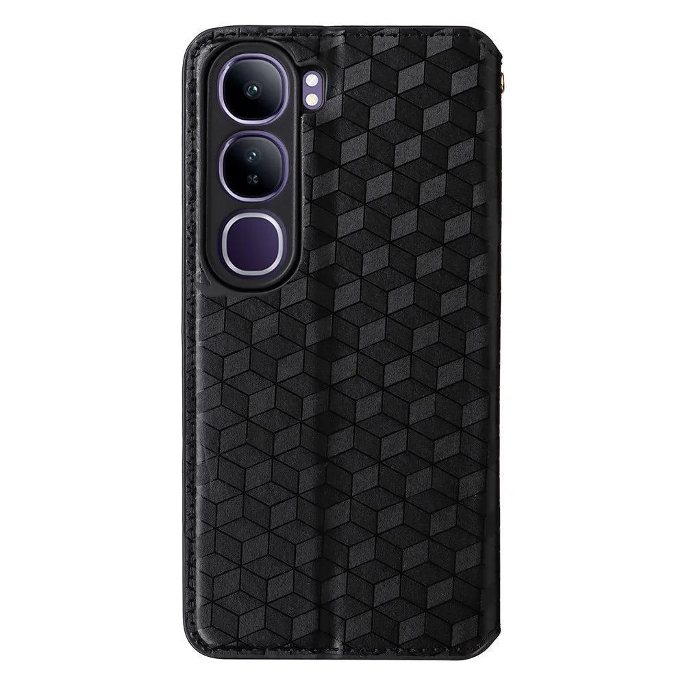 For vivo V40 Lite (Indonesia) 4G / 5G Wallet Case Rhombus Imprinted Leather Phone Cover - Black - 7