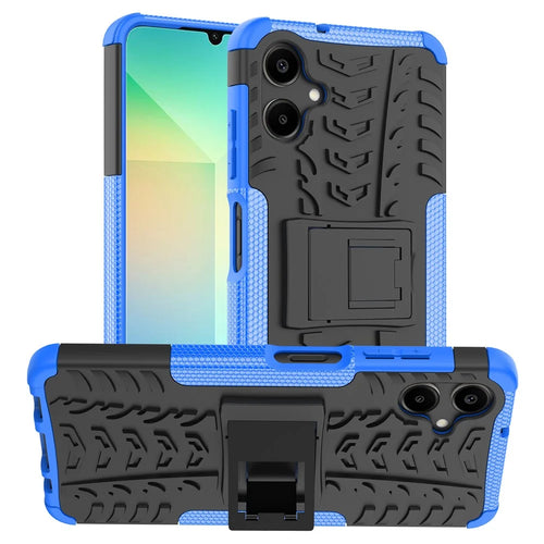 For Samsung Galaxy A06 4G Case PC+TPU Tyre Pattern Slim Phone Cover with Kickstand - Blue - 1