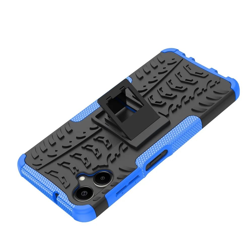For Samsung Galaxy A06 4G Case PC+TPU Tyre Pattern Slim Phone Cover with Kickstand - Blue - 4