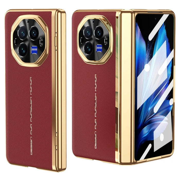 For vivo X Fold3 Case PU Leather+PC Electroplating Phone Cover with Tempered Glass Screen Film - Red - 1