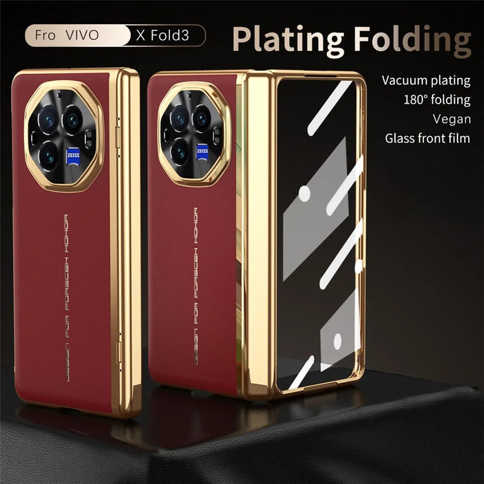 For vivo X Fold3 Case PU Leather+PC Electroplating Phone Cover with Tempered Glass Screen Film - Red - 2