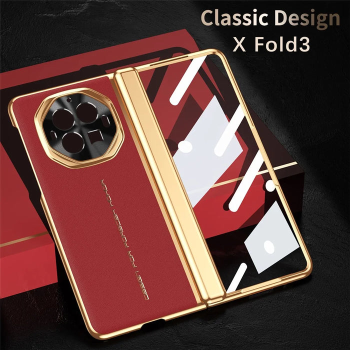 For vivo X Fold3 Case PU Leather+PC Electroplating Phone Cover with Tempered Glass Screen Film - Red - 3