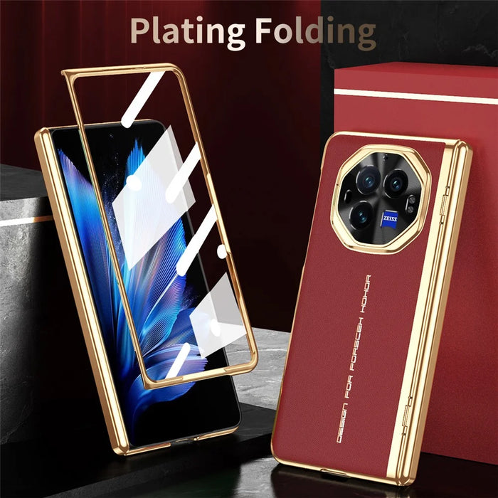 For vivo X Fold3 Case PU Leather+PC Electroplating Phone Cover with Tempered Glass Screen Film - Red - 4