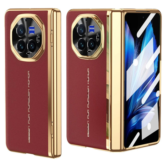For vivo X Fold3 Pro Case PU Leather+PC Electroplating Phone Cover with Tempered Glass Screen Film - Red - 1