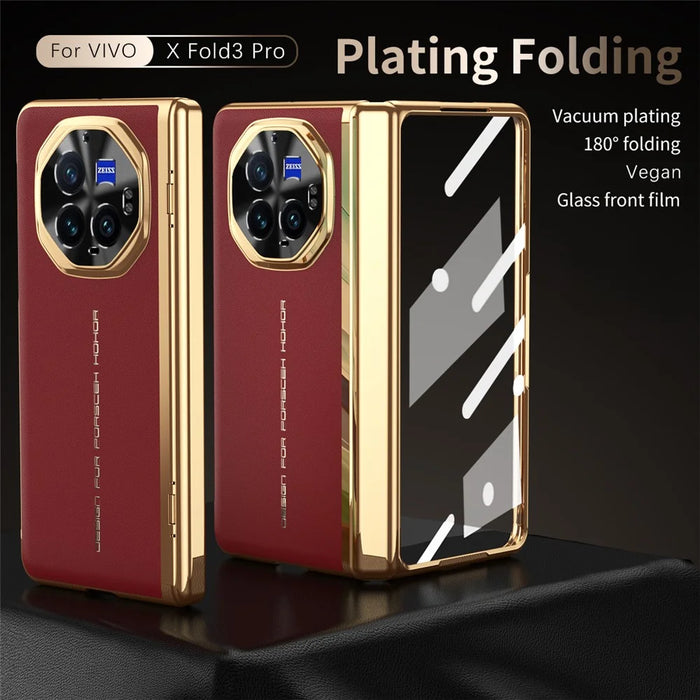 For vivo X Fold3 Pro Case PU Leather+PC Electroplating Phone Cover with Tempered Glass Screen Film - Red - 2