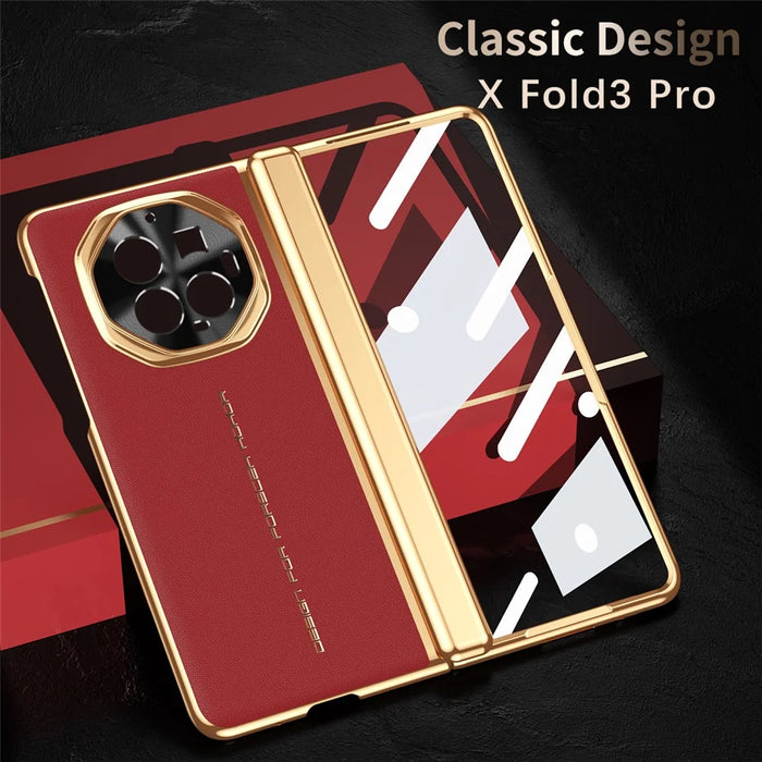 For vivo X Fold3 Pro Case PU Leather+PC Electroplating Phone Cover with Tempered Glass Screen Film - Red - 3