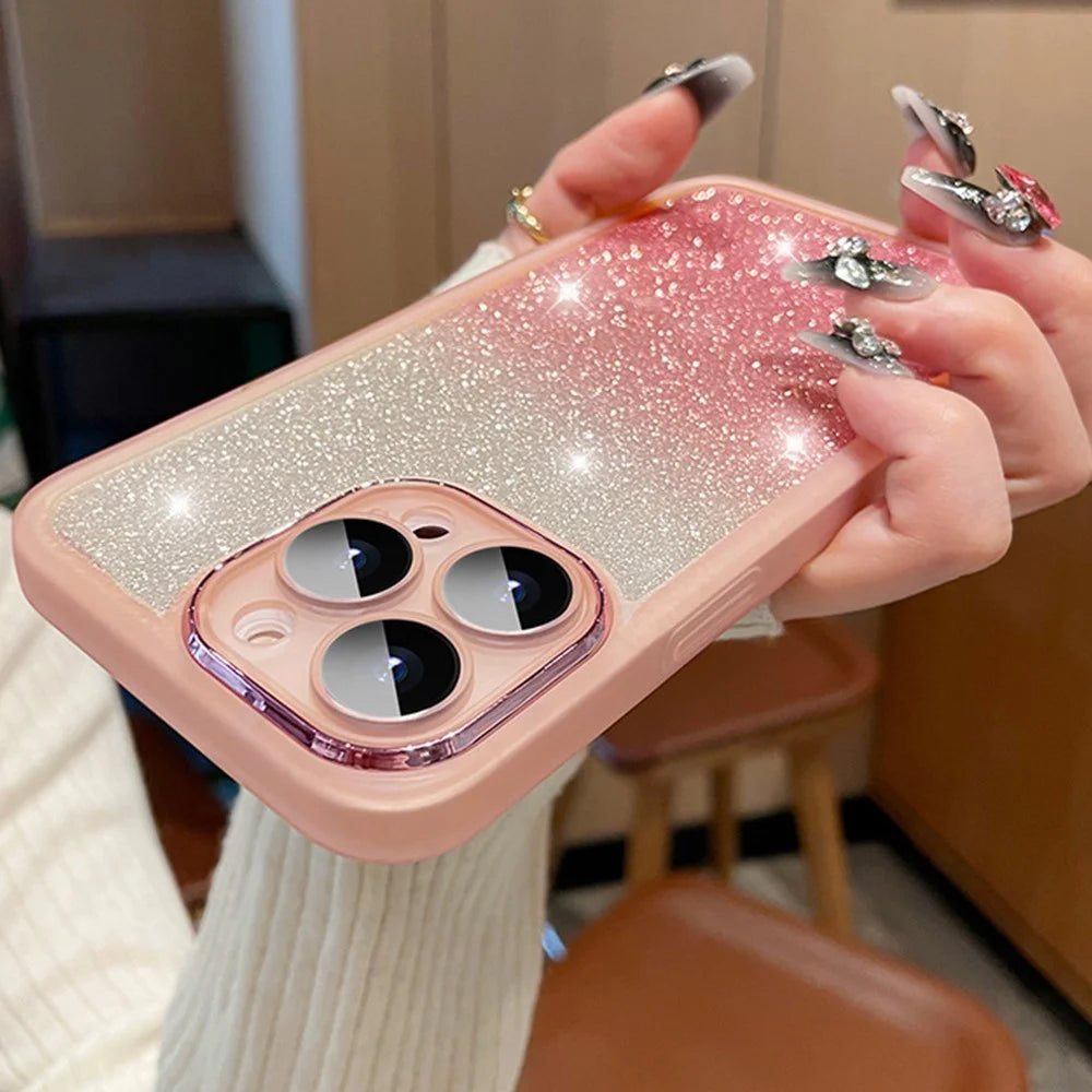 For iPhone 15 Pro Max Case Gradient Glitter Shockproof PC+TPU Phone Cover with Lens Film - Pink - 2