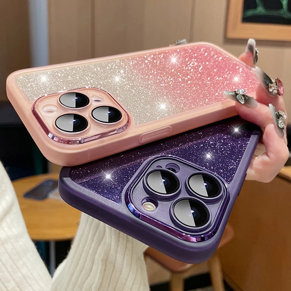 For iPhone 15 Pro Max Case Gradient Glitter Shockproof PC+TPU Phone Cover with Lens Film - Pink - 7