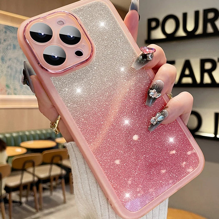 For iPhone 16 Pro Max Case Gradient Glitter Shockproof PC+TPU Phone Cover with Lens Film - Pink - 1