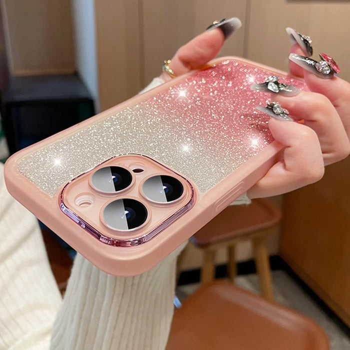 For iPhone 16 Pro Max Case Gradient Glitter Shockproof PC+TPU Phone Cover with Lens Film - Pink - 2