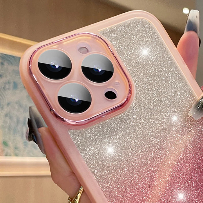 For iPhone 16 Pro Max Case Gradient Glitter Shockproof PC+TPU Phone Cover with Lens Film - Pink - 5
