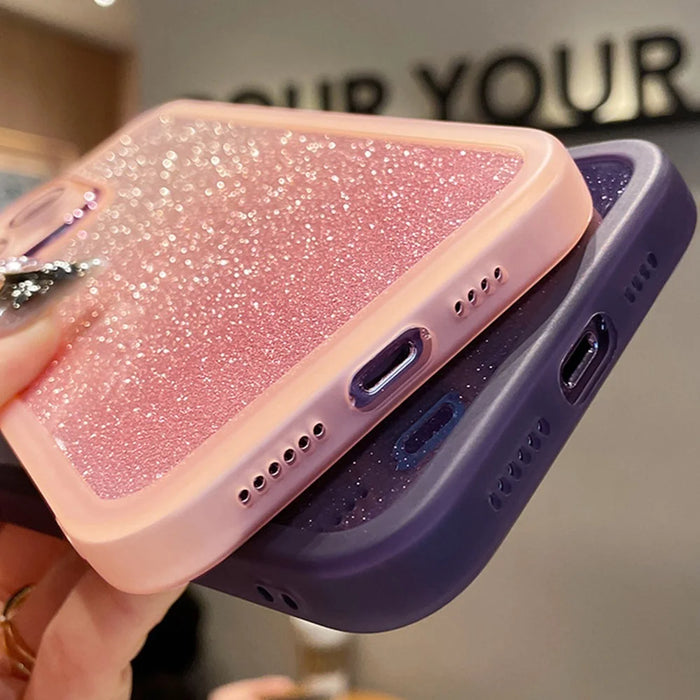 For iPhone 16 Pro Max Case Gradient Glitter Shockproof PC+TPU Phone Cover with Lens Film - Pink - 6
