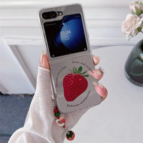 For Samsung Galaxy Z Flip7 FE 5G / Z Flip6 5G Case Mirror Surface Shockproof Hard PC Phone Cover with Strap - Strawberry - 1