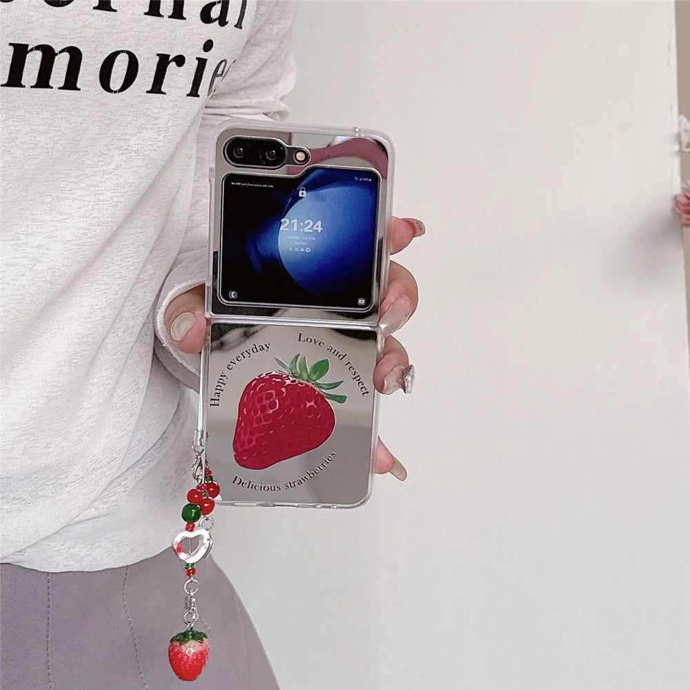 For Samsung Galaxy Z Flip7 FE 5G / Z Flip6 5G Case Mirror Surface Shockproof Hard PC Phone Cover with Strap - Strawberry - 2