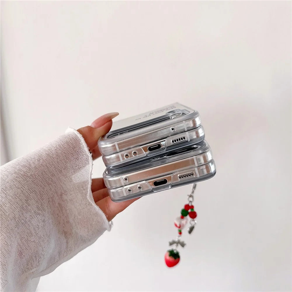 For Samsung Galaxy Z Flip7 FE 5G / Z Flip6 5G Case Mirror Surface Shockproof Hard PC Phone Cover with Strap - Strawberry - 5
