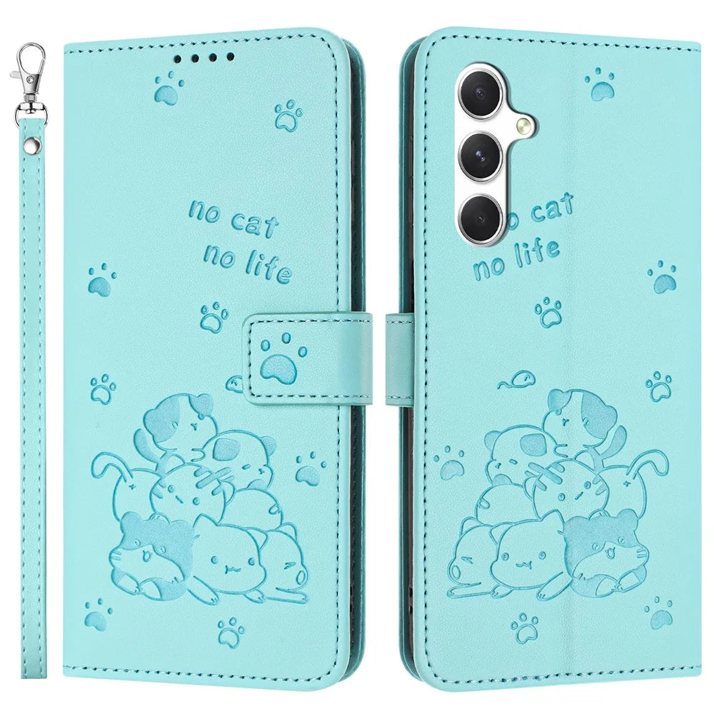 For Samsung Galaxy A55 5G Case with Strap Cats Imprint Leather Wallet Phone Cover - Green - 1