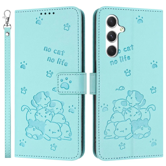 For Samsung Galaxy A55 5G Case with Strap Cats Imprint Leather Wallet Phone Cover - Green - 1