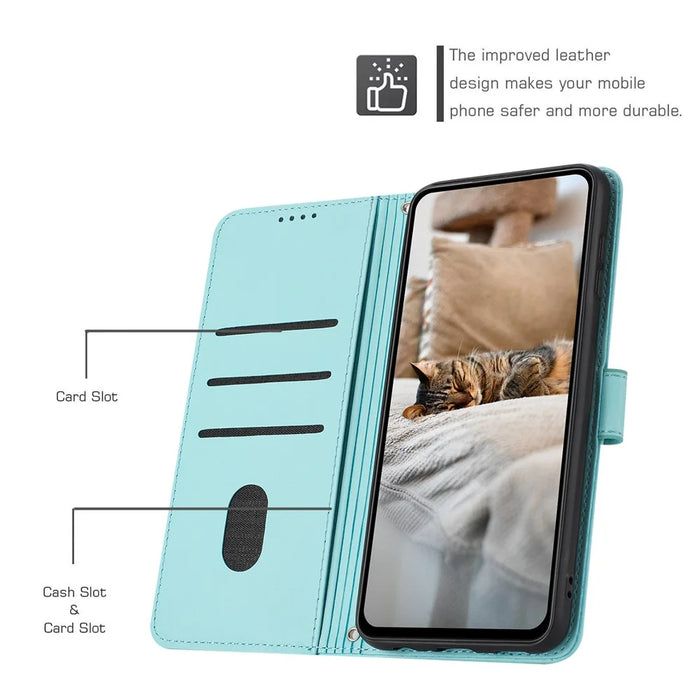 For Samsung Galaxy A55 5G Case with Strap Cats Imprint Leather Wallet Phone Cover - Green - 3