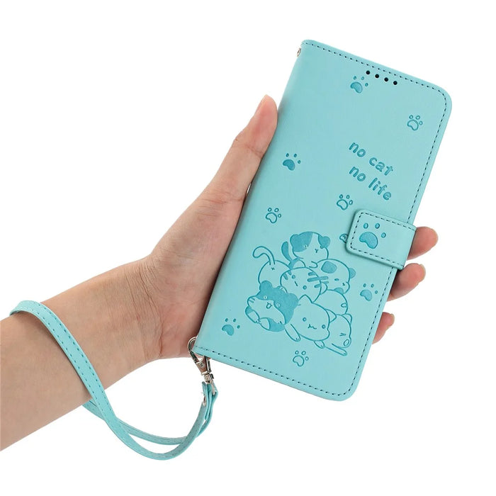 For Samsung Galaxy A55 5G Case with Strap Cats Imprint Leather Wallet Phone Cover - Green - 4