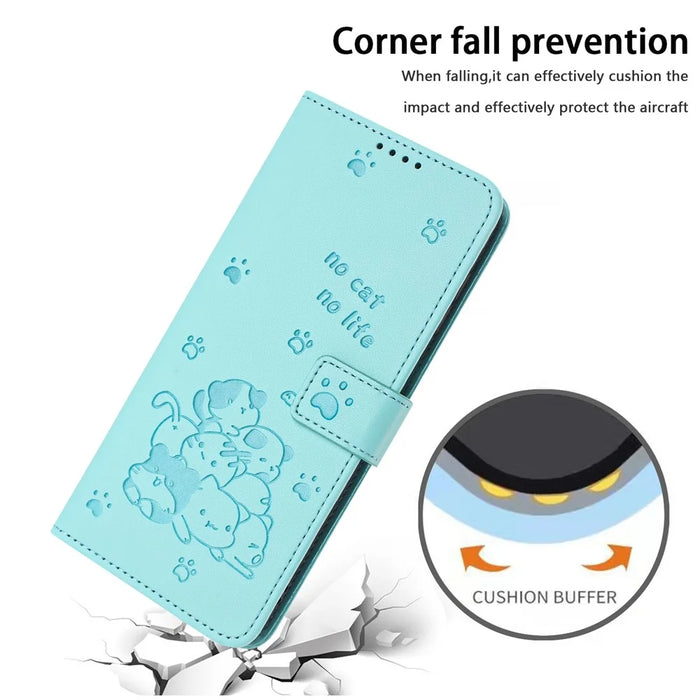 For Samsung Galaxy A55 5G Case with Strap Cats Imprint Leather Wallet Phone Cover - Green - 5