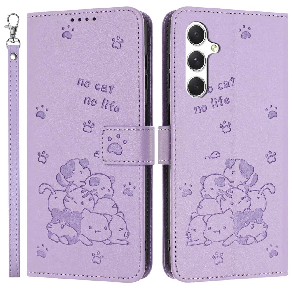 For Samsung Galaxy A05s 4G Case with Strap Cats Imprint Leather Wallet Phone Cover - Purple - 1