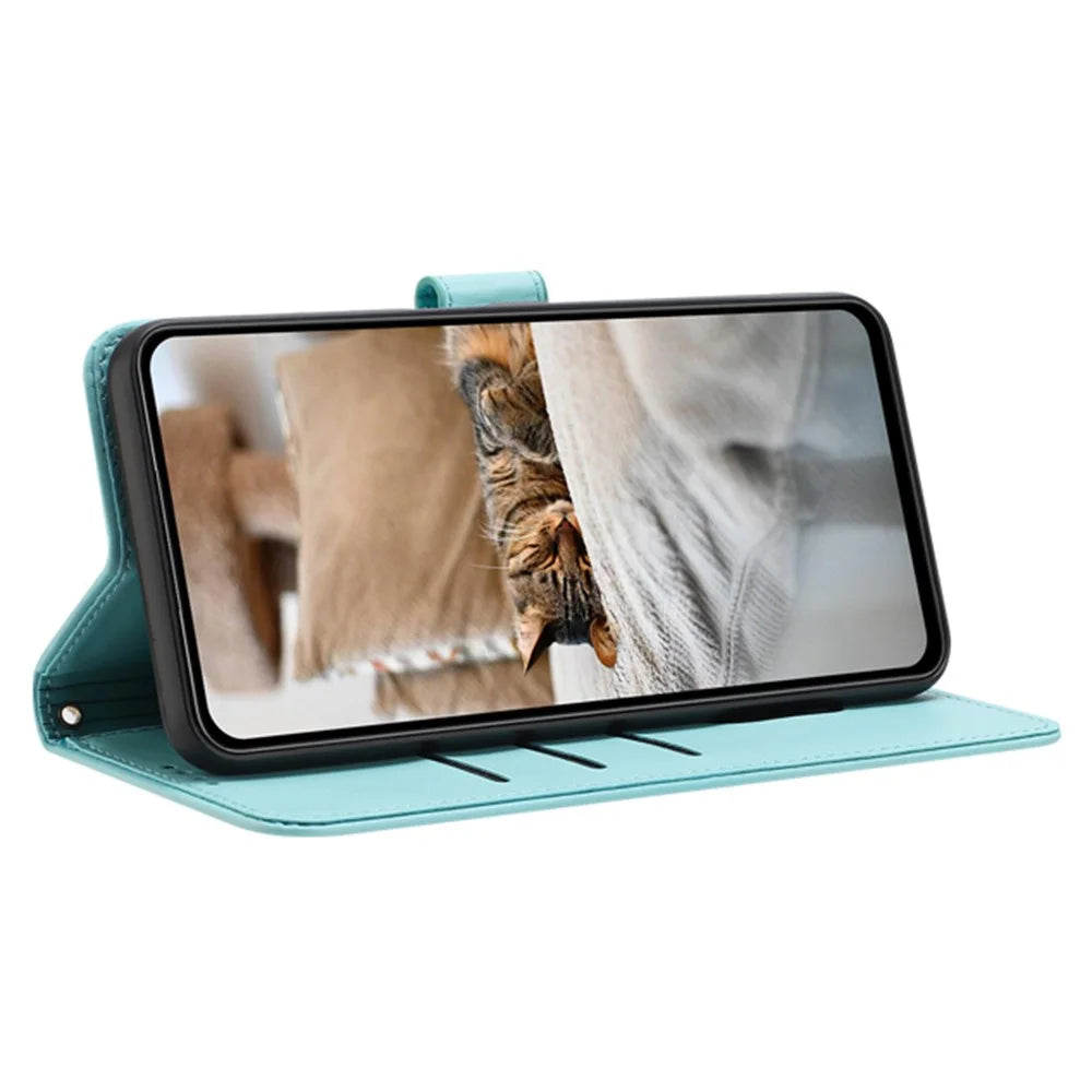 For Samsung Galaxy A15 4G / 5G Case with Strap Cats Imprint Leather Wallet Phone Cover - Green - 2