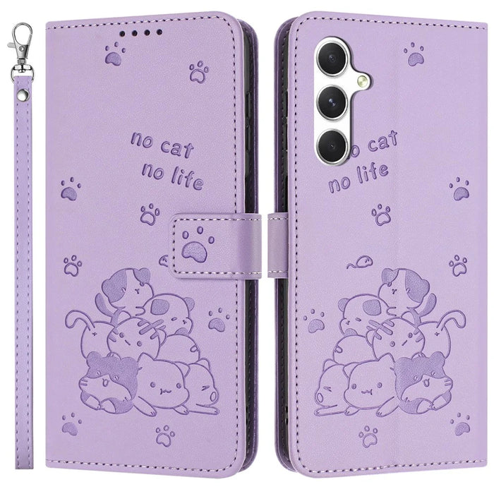 For Samsung Galaxy S24 FE Case with Strap Cats Imprint Leather Wallet Phone Cover - Purple - 1