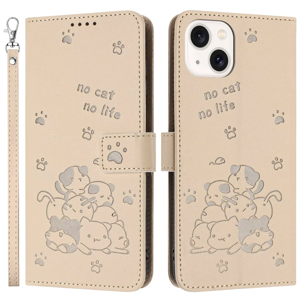 For iPhone 15 Case with Strap Cats Imprint Leather Wallet Phone Cover - Beige - 1