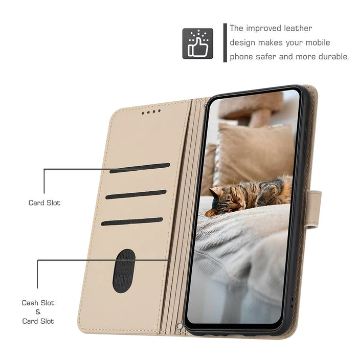 For iPhone 15 Case with Strap Cats Imprint Leather Wallet Phone Cover - Beige - 3