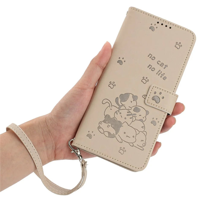 For iPhone 15 Case with Strap Cats Imprint Leather Wallet Phone Cover - Beige - 4