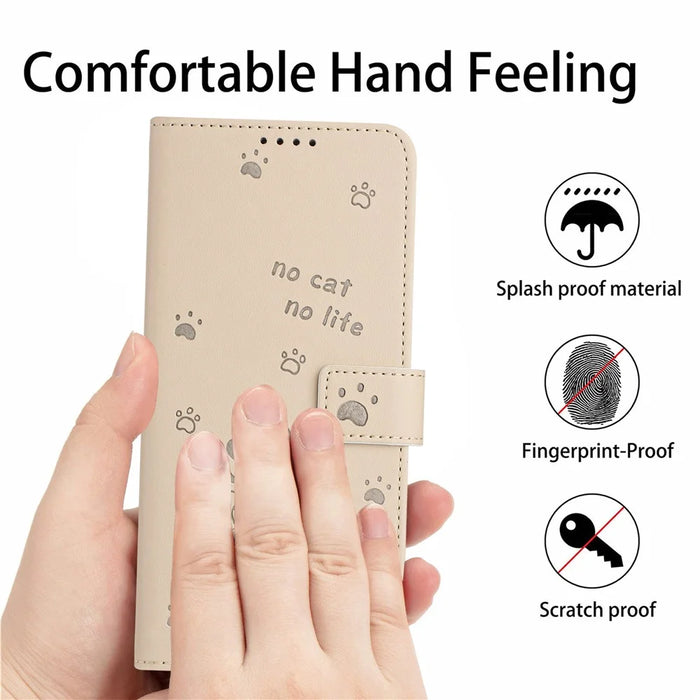 For iPhone 15 Case with Strap Cats Imprint Leather Wallet Phone Cover - Beige - 7