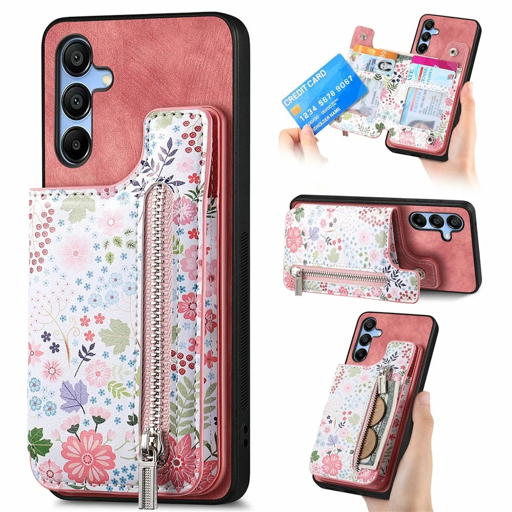 D10 For Samsung Galaxy A16 5G / A16 4G Case Pattern Kickstand Wallet Leather+TPU Phone Cover RFID Blocking - Pink - 1